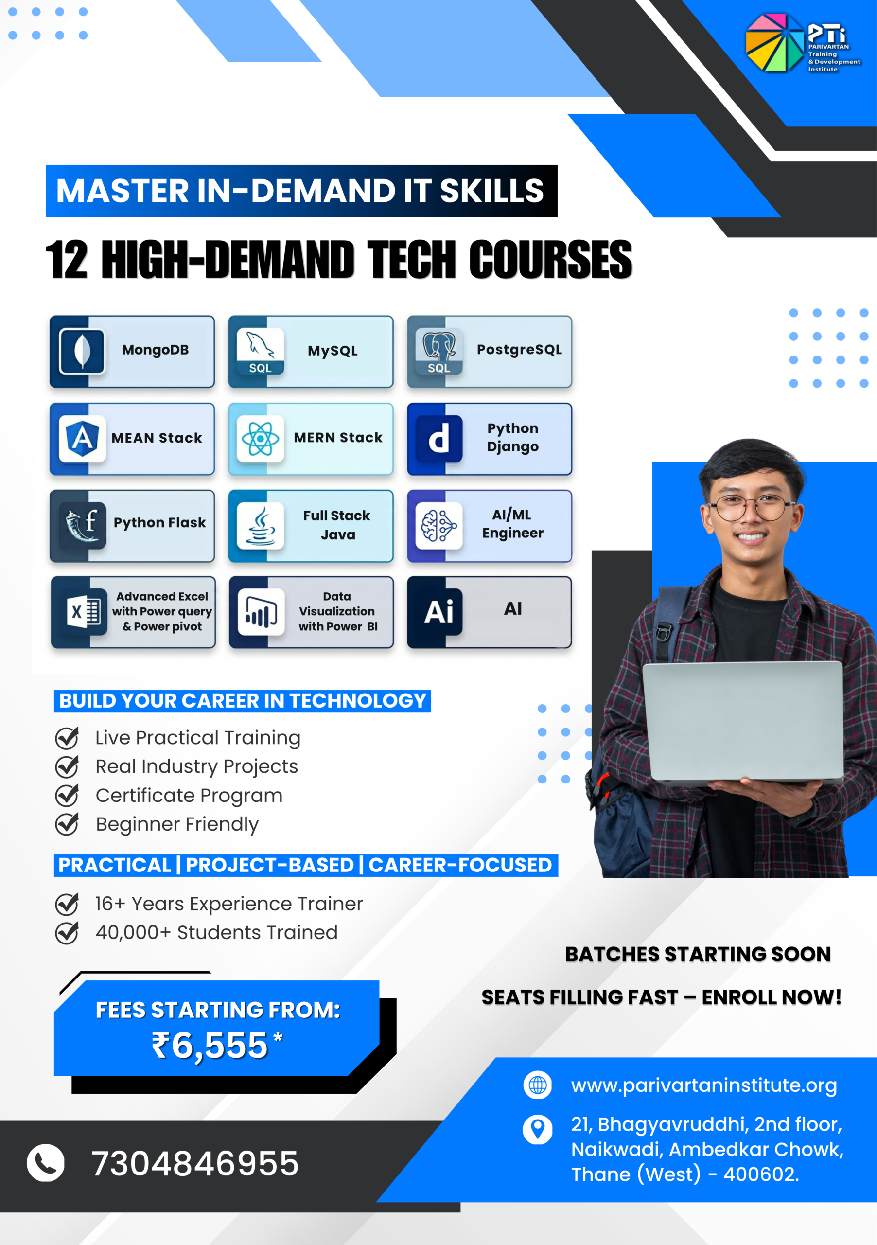 Educational banner for Parivartan Training & Development Institute (PTI) Thane, showcasing 12 high-demand tech courses including MongoDB, MySQL, PostgreSQL, MEAN & MERN Stack, Python Django & Flask, Full Stack Java, AI/ML, Advanced Excel, Power BI, and Fundamentals of AI. Features include live practical training, industry projects, and government-aligned certification. 16+ years experience and 40,000+ students trained.