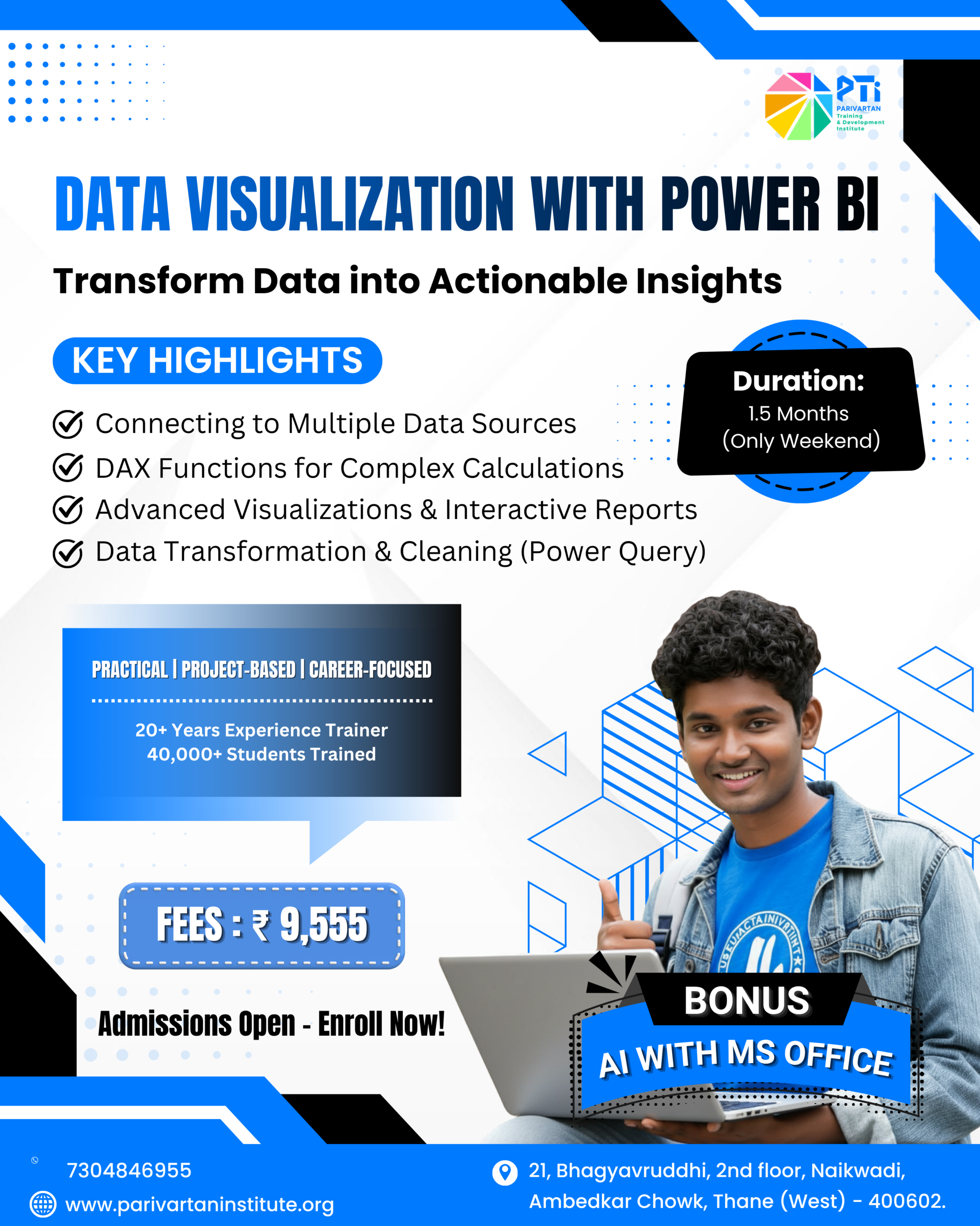 Power BI Data Visualization Masterclass by PTI Thane. Comprehensive training on connecting multiple data sources, data cleaning with Power Query, building interactive reports, and mastering DAX functions for complex calculations. Practical project-based learning for data analysts. #ChanceToChange