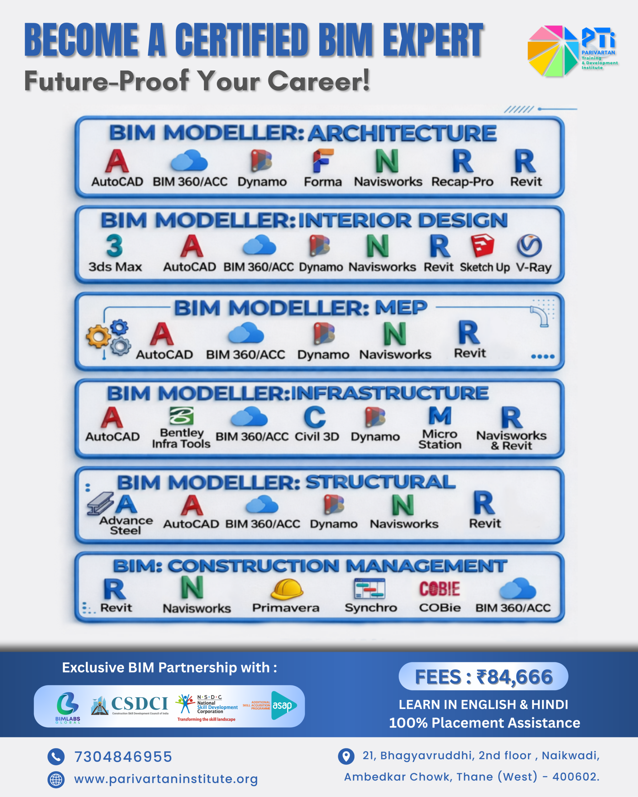 Master BIM with industry-ready courses at Parivartan Institute. Expert-led training in Revit Architecture, MEP, and Structure. Get certified with 100% placement assistance in Thane & Mumbai.