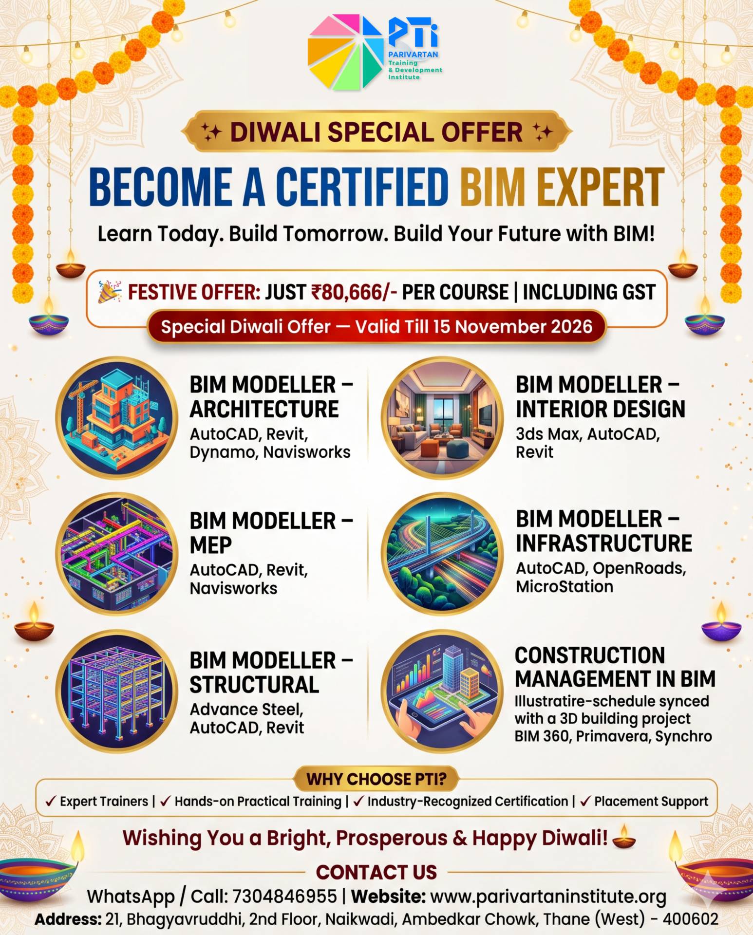 Diwali Special Offer on BIM Modeller Courses – Architecture, Interior Design, MEP, Structural and Infrastructure at Parivartan Institute, Thane.
