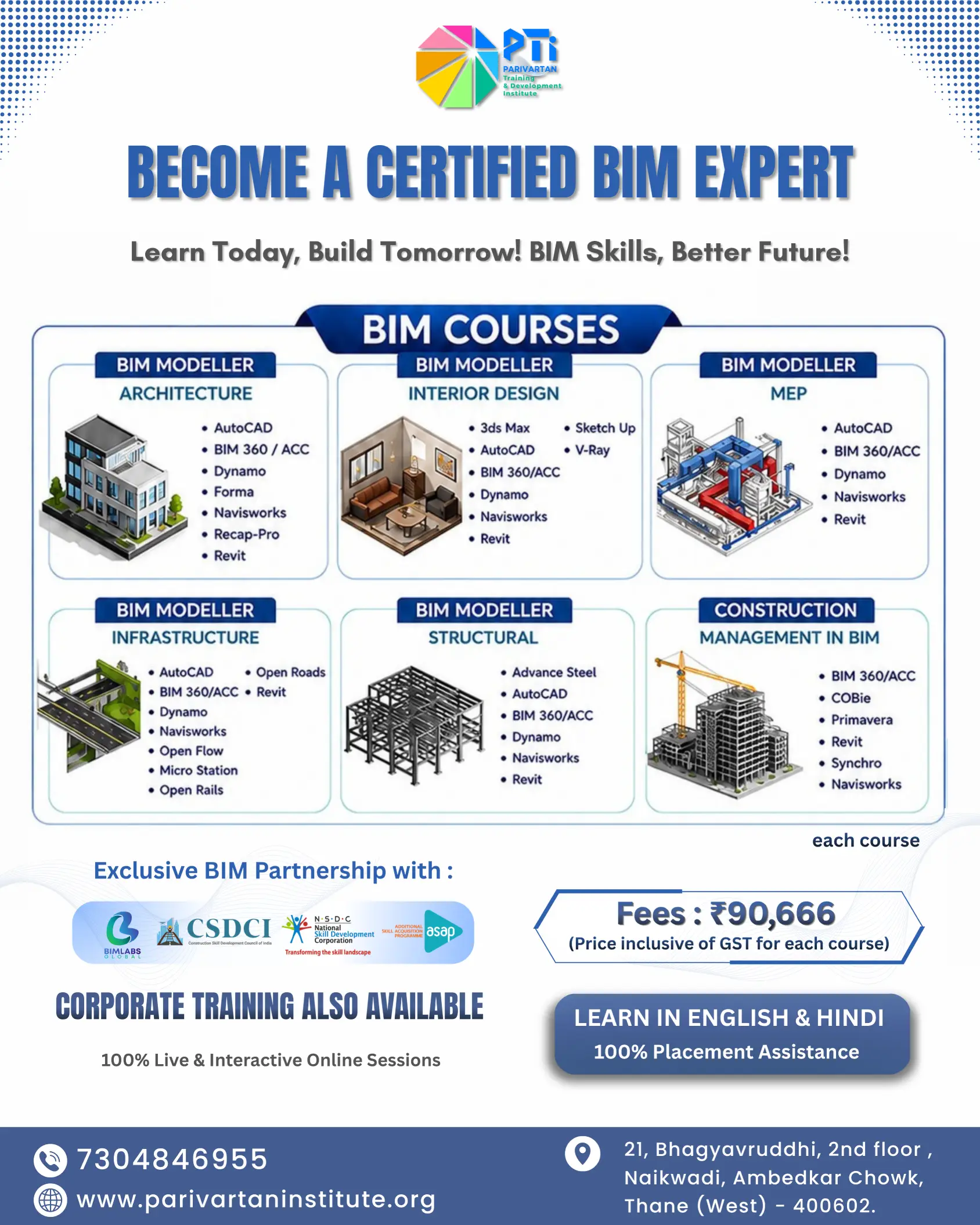 A detailed educational marketing flyer by Parivartan Training & Development Institute (PTI) titled "BECOME A CERTIFIED BIM EXPERT." The graphic outlines eight specific career tracks: BIM Modeller Architecture, Interior Design, MEP, Infrastructure, Structural, Construction Management, Electrical, and Mechanical. Each track displays corresponding software badges such as AutoCAD, Revit, Dynamo, Navisworks, Primavera, and Civil 3D alongside targeted course pricing. The bottom banner highlights "LEARN IN ENGLISH & HINDI," "100% Placement Assistance," and displays authorization logos for BIMLABS Global, CSDCI, and NSDC.