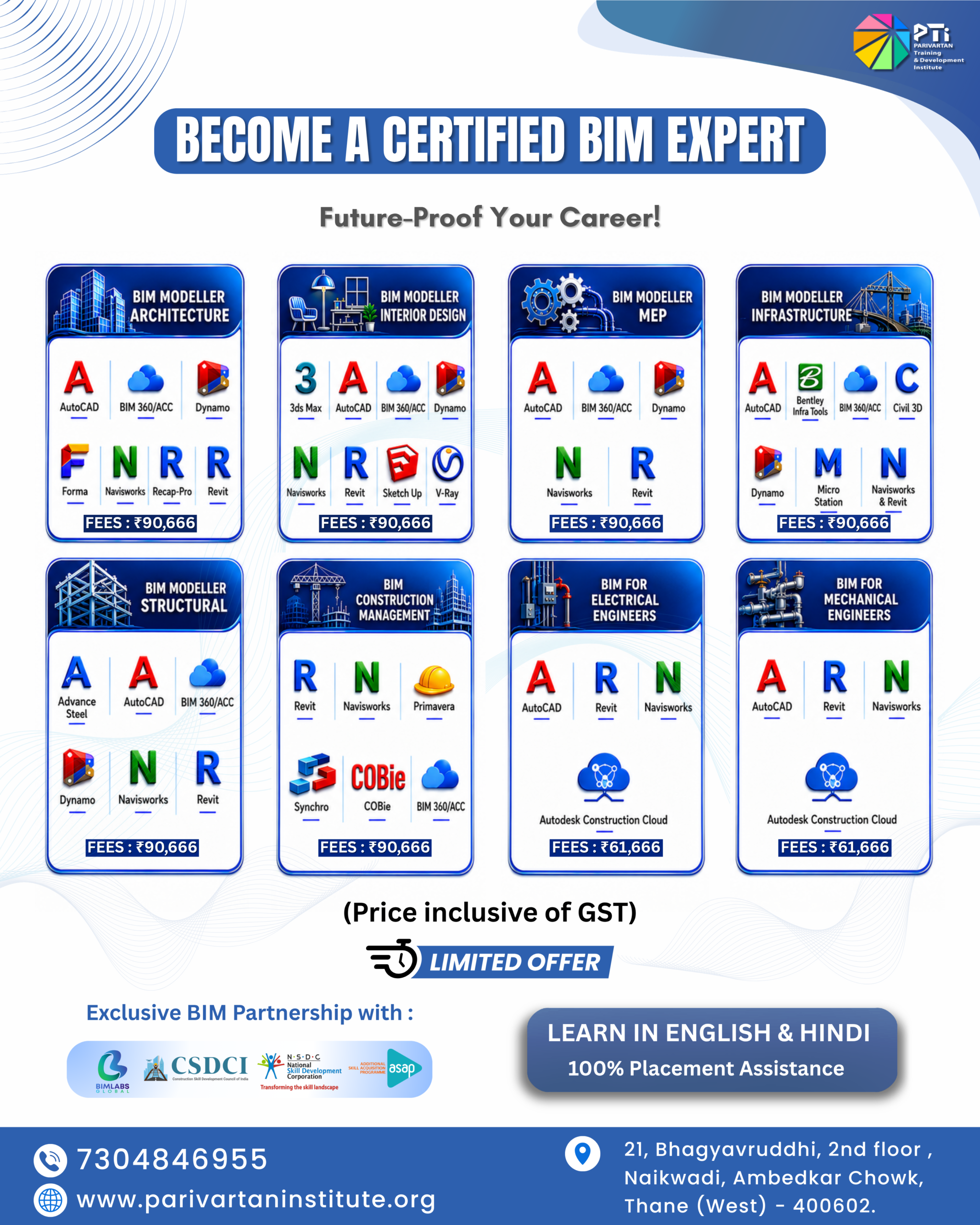 A detailed educational marketing flyer by Parivartan Training & Development Institute (PTI) titled "BECOME A CERTIFIED BIM EXPERT." The graphic outlines eight specific career tracks: BIM Modeller Architecture, Interior Design, MEP, Infrastructure, Structural, Construction Management, Electrical, and Mechanical. Each track displays corresponding software badges such as AutoCAD, Revit, Dynamo, Navisworks, Primavera, and Civil 3D alongside targeted course pricing. The bottom banner highlights "LEARN IN ENGLISH & HINDI," "100% Placement Assistance," and displays authorization logos for BIMLABS Global, CSDCI, and NSDC.
