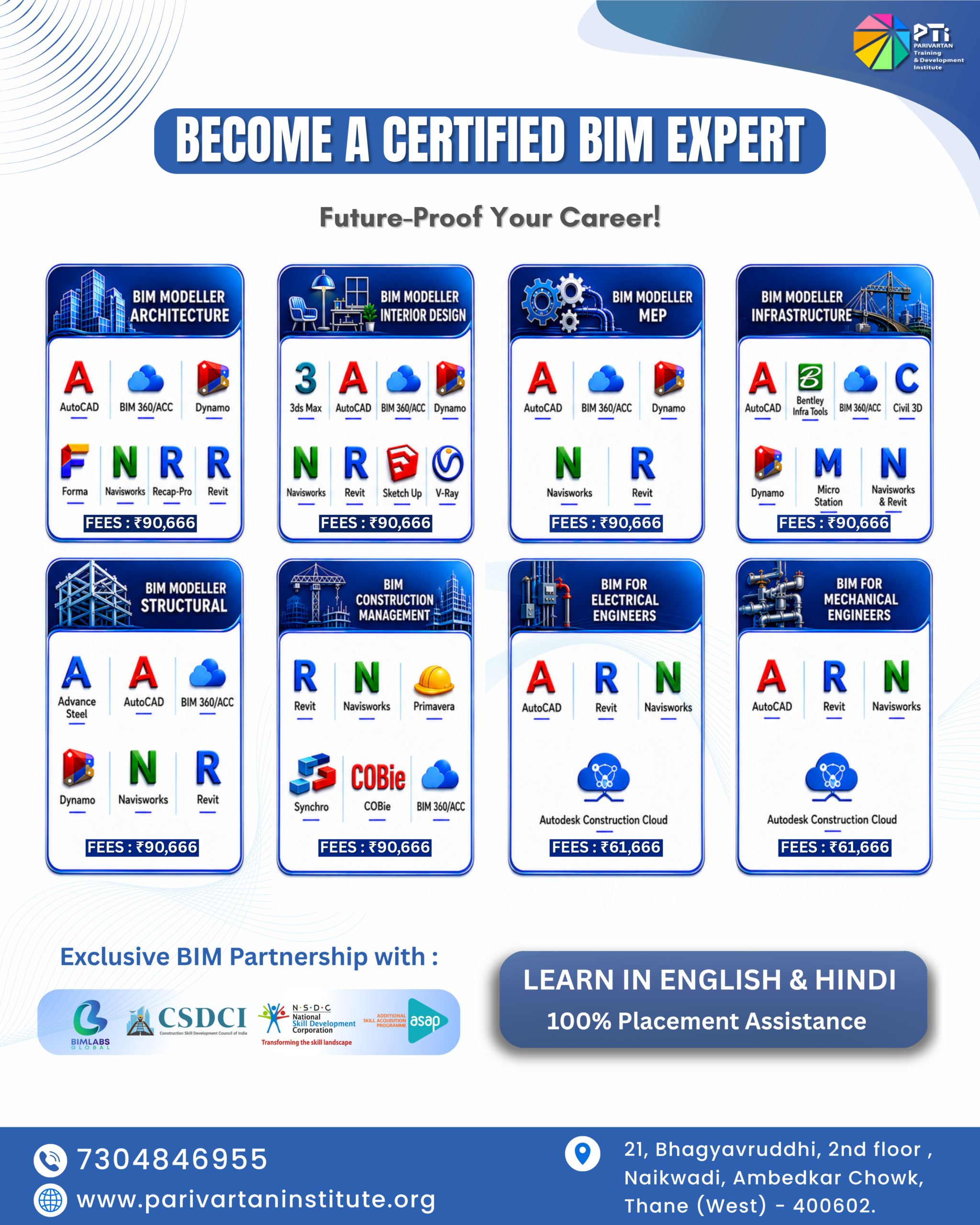 A detailed educational marketing flyer by Parivartan Training & Development Institute (PTI) titled "BECOME A CERTIFIED BIM EXPERT." The graphic outlines eight specific career tracks: BIM Modeller Architecture, Interior Design, MEP, Infrastructure, Structural, Construction Management, Electrical, and Mechanical. Each track displays corresponding software badges such as AutoCAD, Revit, Dynamo, Navisworks, Primavera, and Civil 3D alongside targeted course pricing. The bottom banner highlights "LEARN IN ENGLISH & HINDI," "100% Placement Assistance," and displays authorization logos for BIMLABS Global, CSDCI, and NSDC.