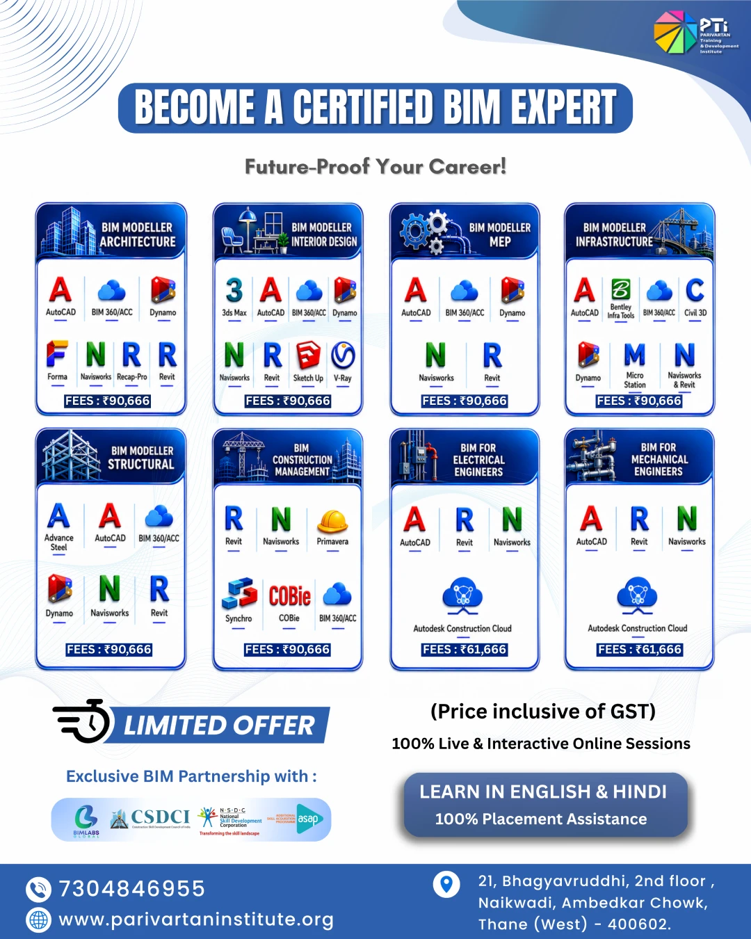 A detailed educational marketing flyer by Parivartan Training & Development Institute (PTI) titled "BECOME A CERTIFIED BIM EXPERT." The graphic outlines eight specific career tracks: BIM Modeller Architecture, Interior Design, MEP, Infrastructure, Structural, Construction Management, Electrical, and Mechanical. Each track displays corresponding software badges such as AutoCAD, Revit, Dynamo, Navisworks, Primavera, and Civil 3D alongside targeted course pricing. The bottom banner highlights "LEARN IN ENGLISH & HINDI," "100% Placement Assistance," and displays authorization logos for BIMLABS Global, CSDCI, and NSDC.