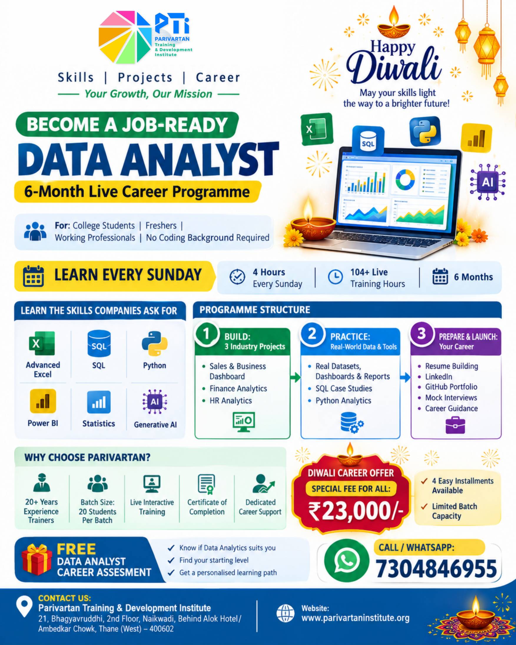 Data Analyst 6-Month Live Career Programme with Excel, SQL, Python, Power BI, Statistics and Generative AI – Diwali Offer at Parivartan Institute.