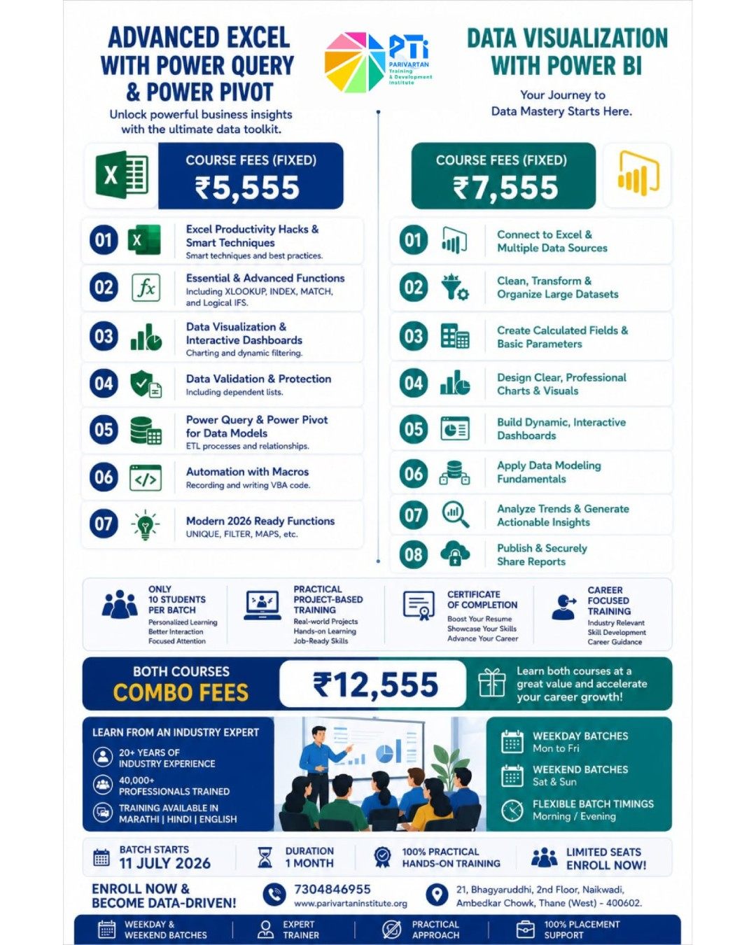 An educational promotional flyer from Parivartan Training & Development Institute (PTI) split vertically down the center. The left column details "Advanced Excel with Power Query & Power Pivot" priced at a fixed rate of ₹5,555, listing 7 key modules including productivity hacks, indexing functions, dashboards, macros, and modern 2026 functions. The right column details "Data Visualization with Power BI" priced at a fixed rate of ₹7,555, outlining 8 core modules including multi-source connection, data cleansing, modeling fundamentals, and secure reporting. A dark blue banner features a "Both Courses Combo Fees" of ₹12,555. The lower section highlights a batch starting 11 July 2026, a 1-month duration, a 10-student small-batch limit, training by a veteran with 20+ years of experience, and availability in Marathi, Hindi, and English.