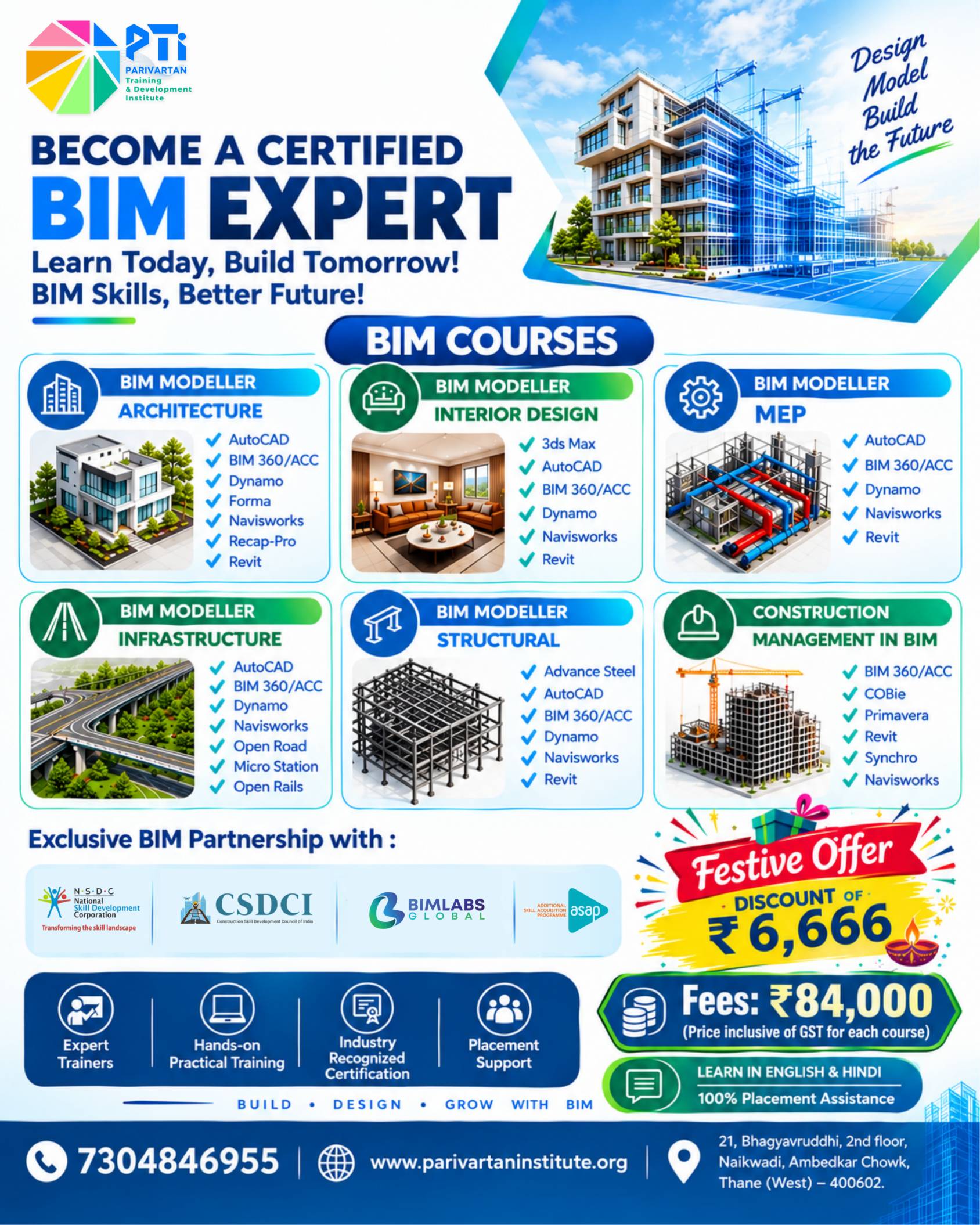 Promotional flyer for "BECOME A CERTIFIED BIM EXPERT: Learn Today, Build Tomorrow!" by Parivartan Training & Development Institute (PTI). The graphic displays a modern 3D building rendering with the tagline "Design, Model, Build the Future." It details 6 specialized tracks: BIM Modeller Architecture, BIM Modeller Interior Design, BIM Modeller MEP, BIM Modeller Infrastructure, BIM Modeller Structural, and Construction Management in BIM, with tools including Revit, AutoCAD, Navisworks, Dynamo, Advance Steel, and Primavera. Official partnerships highlight NSDC, CSDCI, BIMLABS GLOBAL, and ASAP. A Festive Offer badge highlights a "DISCOUNT OF ₹6,666" with the course fee set at ₹84,000 (inclusive of GST for each course). Features include Expert Trainers, Hands-on Training, Placement Support, and bilingual sessions. Footer includes phone 7304846955, website www.parivartaninstitute.org, and Thane West address.
