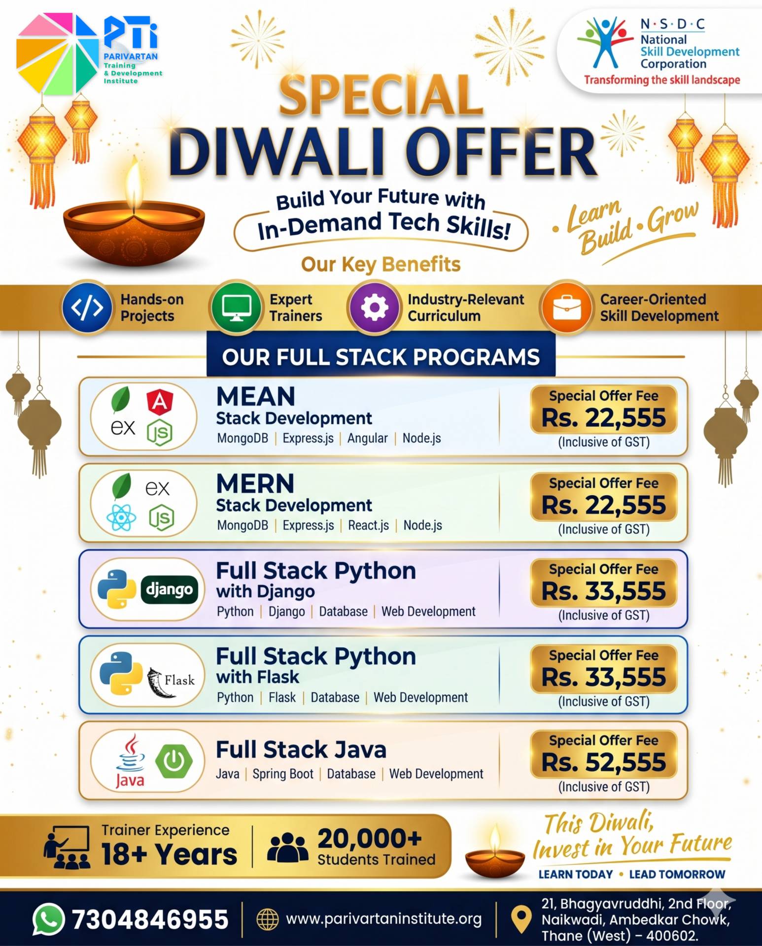 Full Stack Development Courses – MEAN, MERN, Python Django, Python Flask and Java Spring Boot with Special Diwali Offers at Parivartan Institute.