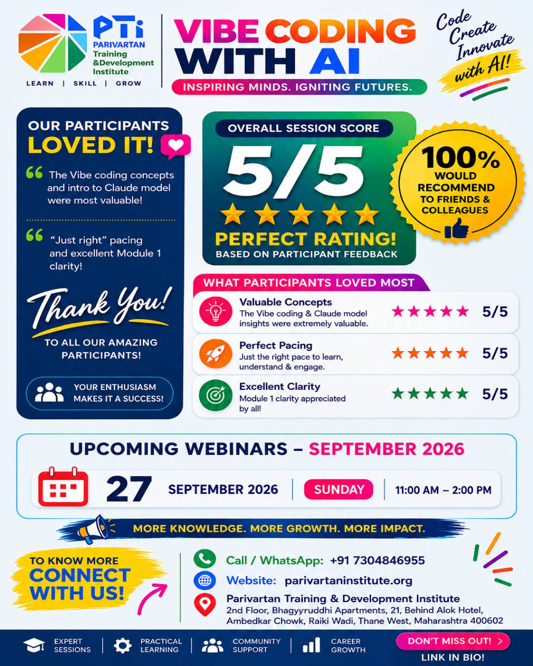 A vibrant feedback and webinar announcement poster for "VIBE CODING WITH AI - Code, Create, Innovate with AI!" by Parivartan Training & Development Institute (PTI). The top displays the PTI logo with the tagline "Inspiring Minds. Igniting Futures." The main body celebrates participant feedback, featuring an "Overall Session Score of 5/5 Stars" with a "Perfect Rating!" badge and a gold seal indicating "100% Would Recommend to Friends & Colleagues." Highlights from participant feedback include quotes praising the Vibe coding concepts, Claude model insights, and pacing, alongside 5/5 ratings for "Valuable Concepts," "Perfect Pacing," and "Excellent Clarity." The lower section announces the next upcoming webinar scheduled for Sunday, 27 September 2026, from 11:00 AM to 2:00 PM. Contact details at the bottom include the call/WhatsApp number +91 7304846955, website parivartaninstitute.org, and the campus address in Thane West, Maharashtra.